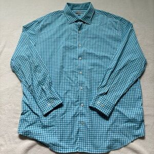 PETER MILLAR Men’s Shirt Size 2XL Blue & White Linen Plaid Button Up Front